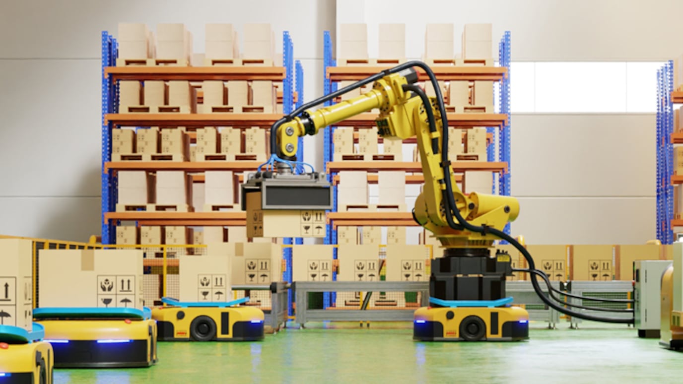An image of supply boxes stored in a warehouse.