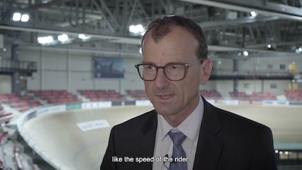 A person being interviewed at the 2022 Tissot UCI Track World Championship.