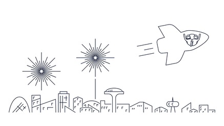 Line drawing of rocket flying over city skyline