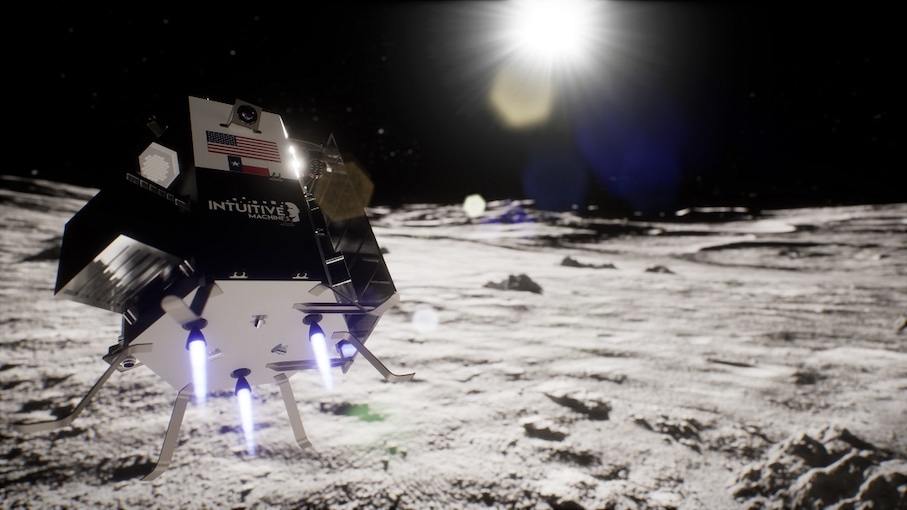 Artist rendering of the Intuitive Machines Micro-Nova hopper propelling itself over the surface of the Moon. Maintaining a near-constant connection to the Nokia 4G/LTE network, the Micro-Nova will descend into a lunar crater to search for evidence of lunar water in areas of permanent shadow.