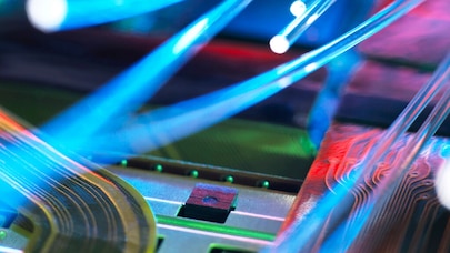 A colourful close-up image of optical fibre cables.