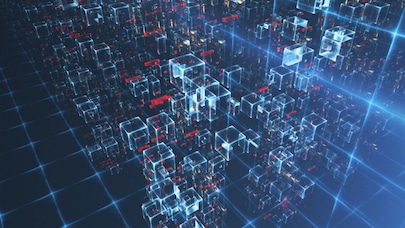 A futuristic abstract image with blue cubes in a blue grid.