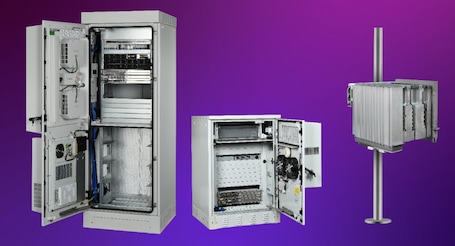Three electronic appliances with a purple background.
