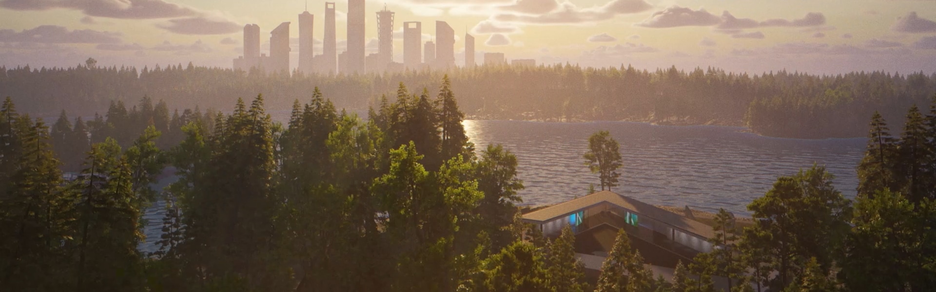 Future city skyline over a forest