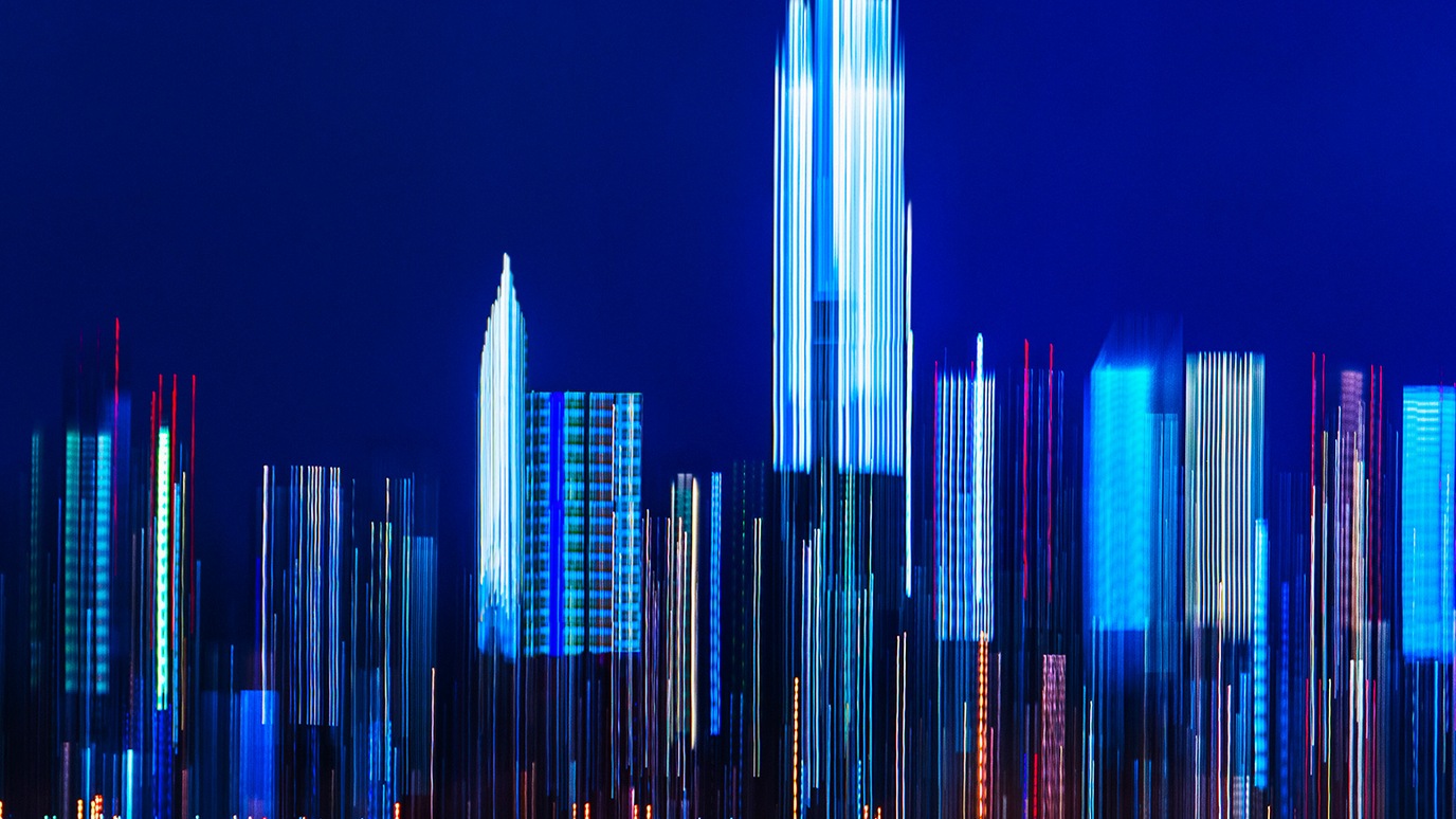 buildings drawn with streaks of light
