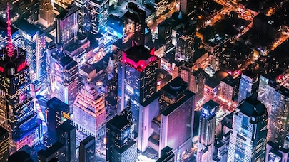 New York city skyscrapers lit up at night