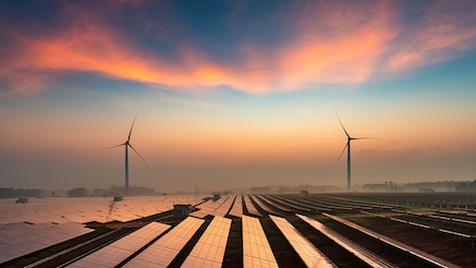 Air turbines behind a field of solar panels at sunset