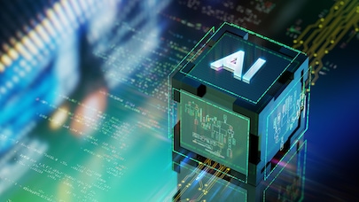 Circuitry on image of cube with the letters 'AI' on the top