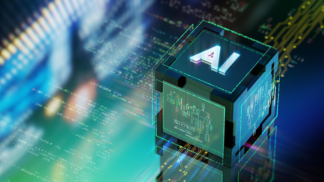 Circuitry on image of cube with the letters 'AI' on the top