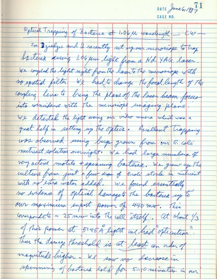 An excerpt from Ashkin's Bell Labs notebook dated June 6, 1987