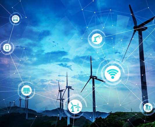 Wind farm with connected icons overlaid