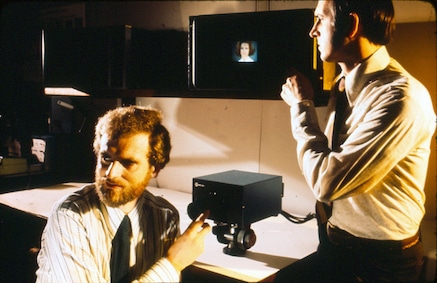Michael Tompsett and Ed Zimany test new solid -state color television cameras.