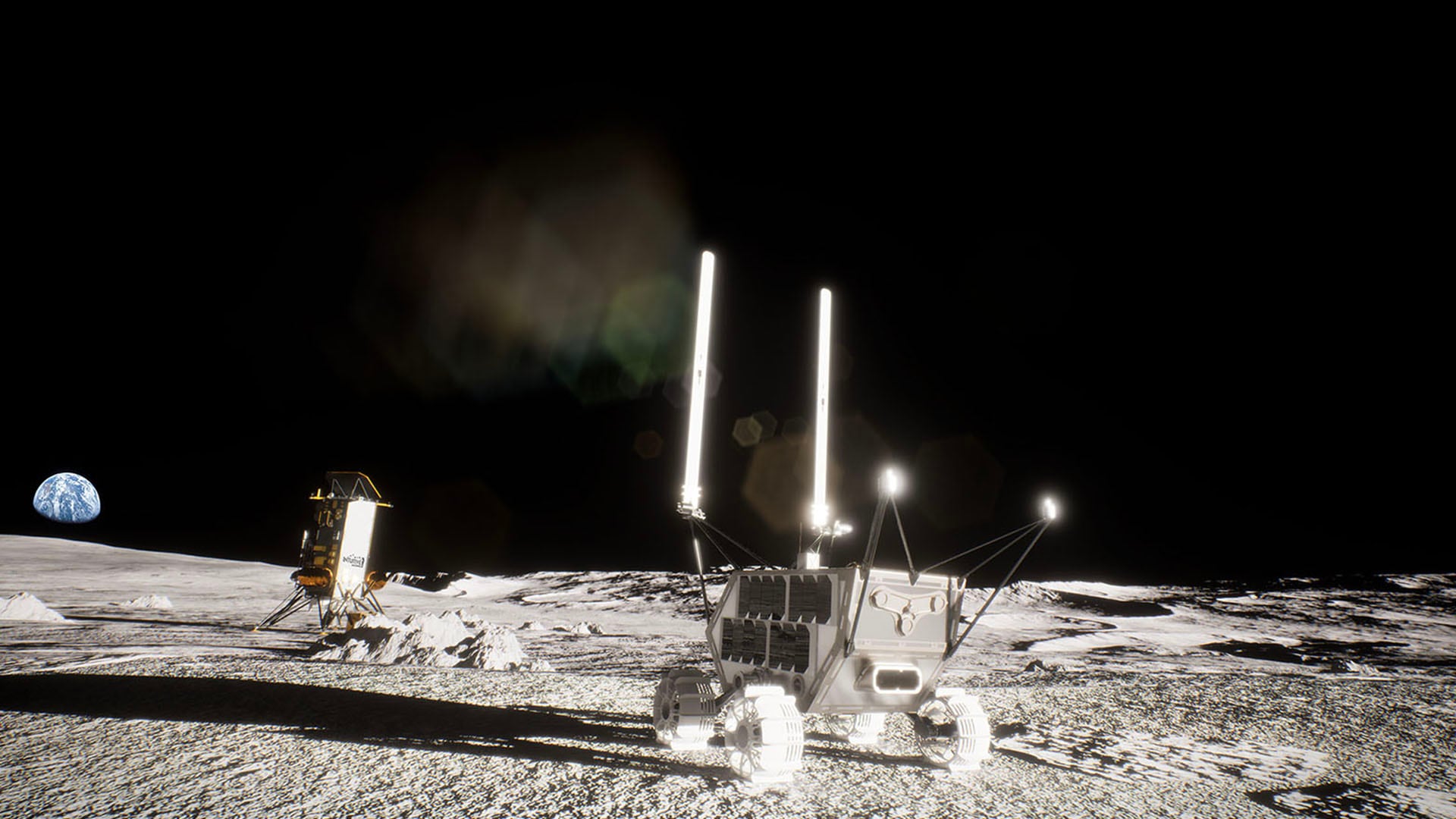 A rendering of the MAPP rover and Nova-C lander on the Moon’s surface
