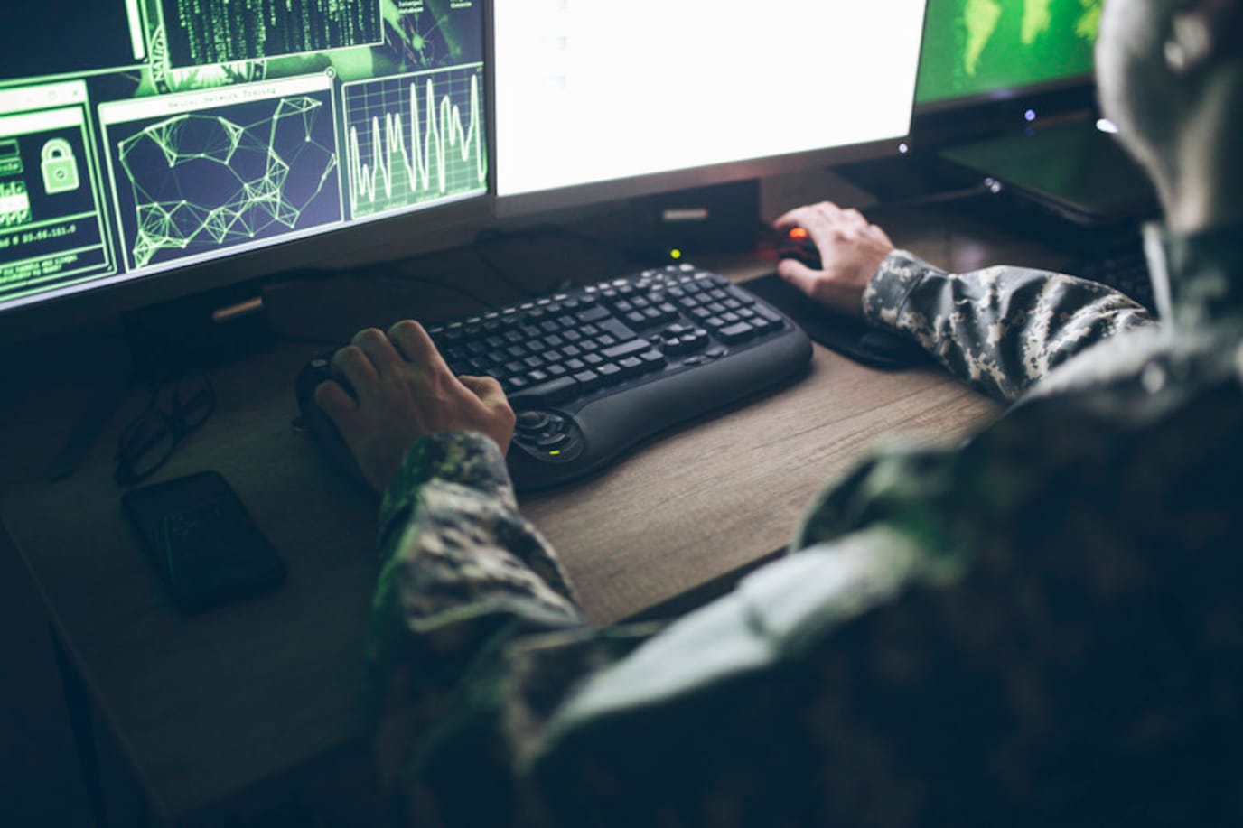 an military officer working in an operations center