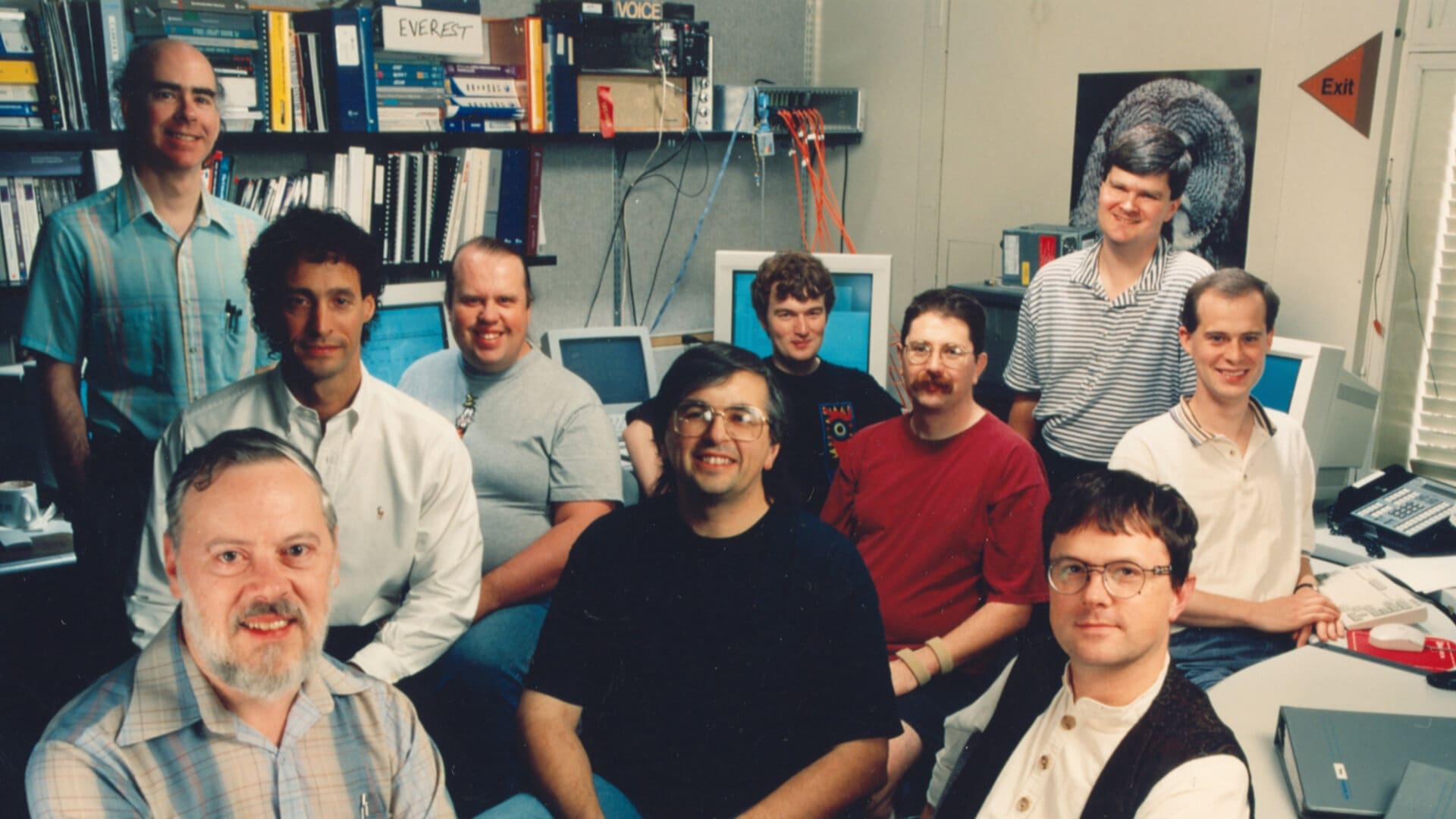 Members of the Bell Labs Computing Techniques Research Department, which developed Plan 9: (foreground, from left) Dennis Ritchie, Dave Presotto, Rob Pike, (background, from left) Tom Killian, Allen Eisdorfer, Tom Duff, Phil Winterbottom, Jim McKie, Howard Trickey and Sean Dorward.