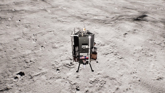Artist rendering of the Grace, Intuitive Machines Micro Nova hopper, propelling itself over the surface of the Moon. Maintaining a near-constant connection to the Nokia 4G/LTE network, Grace will descend into a lunar crater to search for evidence of lunar water in areas of permanent shadow. Source: Intuitive Machines