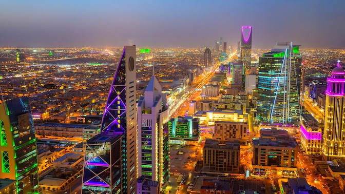 Brightly colored city at night