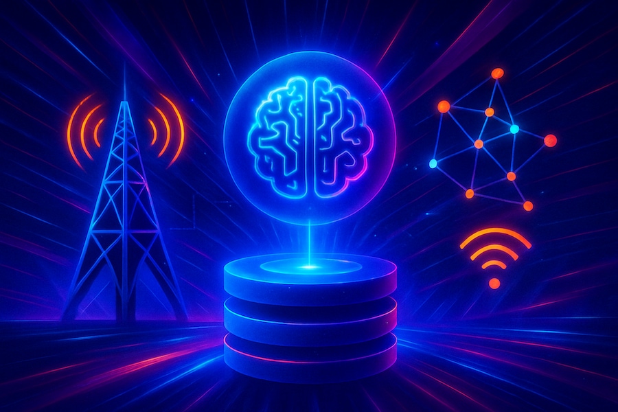 Futuristic digital illustration of a glowing brain symbolizing AI, surrounded by icons representing telecom signals, wireless networks, and data connectivity.