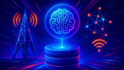 Futuristic digital illustration of a glowing brain symbolizing AI, surrounded by icons representing telecom signals, wireless networks, and data connectivity.