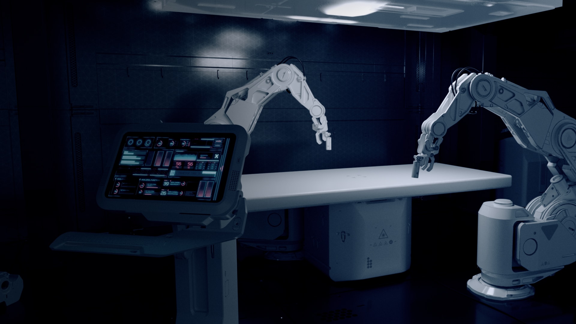 Two robotic arms at workbench with control panel in foreground