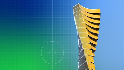 A digitally rendered image of a futuristic, twisted yellow skyscraper on a blueprint-style background.