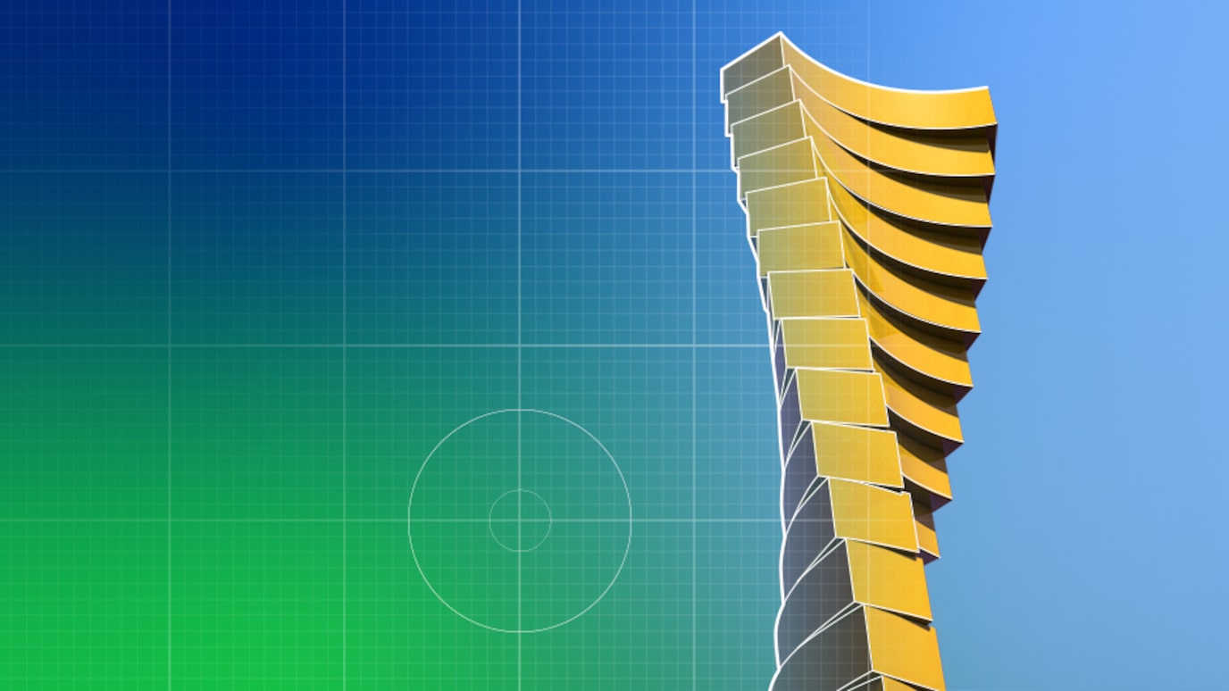 A digitally rendered image of a futuristic, twisted yellow skyscraper on a blueprint-style background.