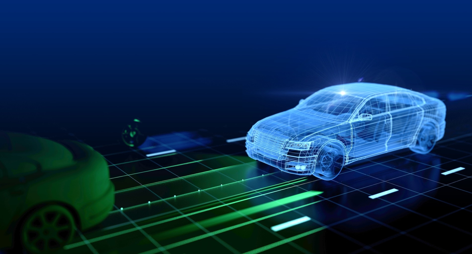 Digital wireframe of a smart car on a virtual road, representing autonomous driving and connected vehicle technology.