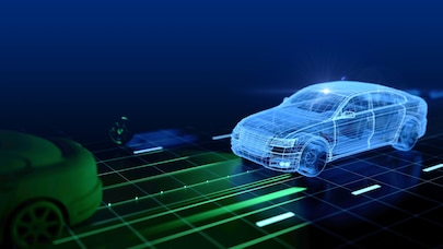 Digital wireframe of a smart car on a virtual road, representing autonomous driving and connected vehicle technology.