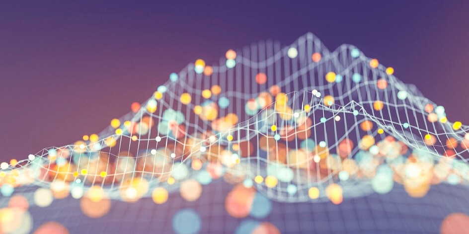 Abstract 3D data visualization with colorful dots and a wavy grid, representing sound waves..
