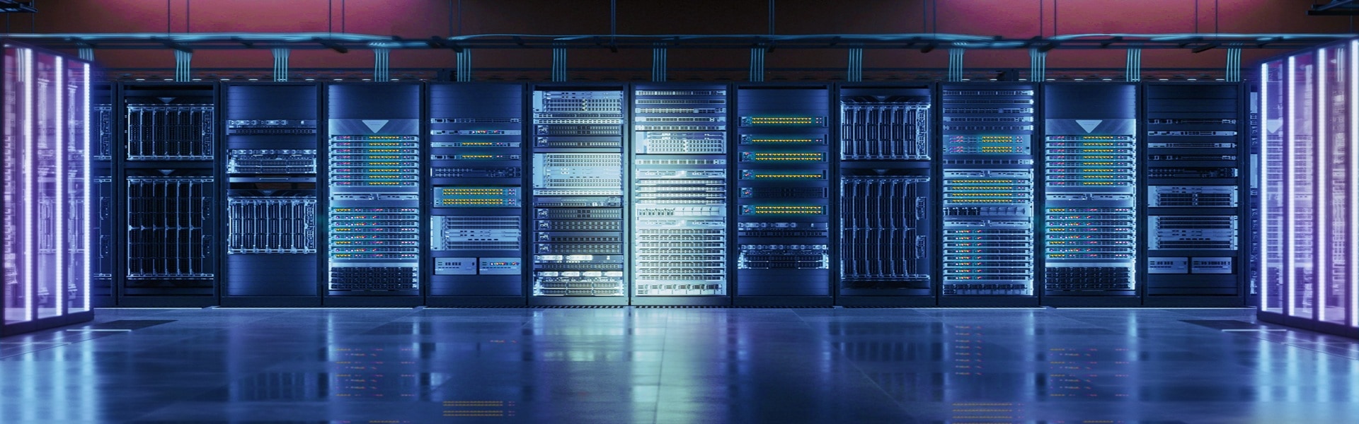 A line of server cabinets in a data center