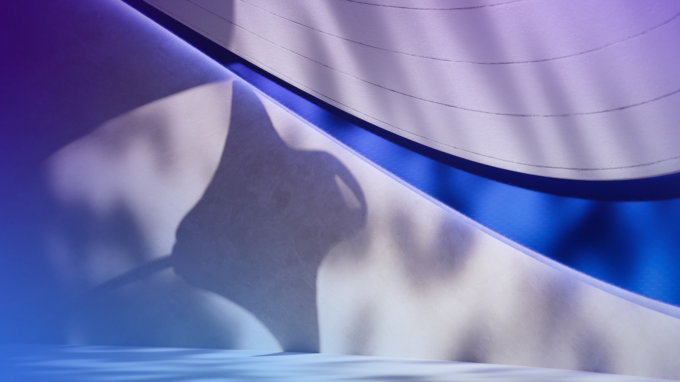 Abstract purple and blue wave design with soft lighting and shadow of a manta ray, creating a calm, ocean-inspired aesthetic.
