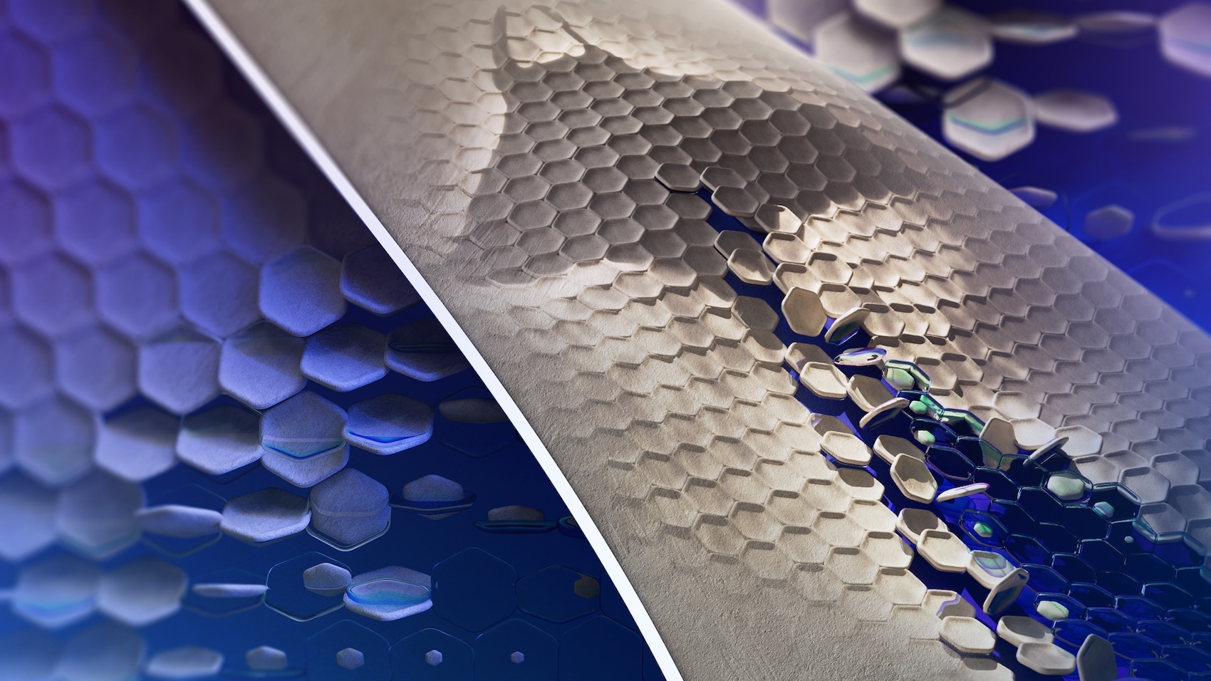 Close-up of textured hexagonal surfaces morphing with digital blue and green elements, symbolizing smart materials innovation.
