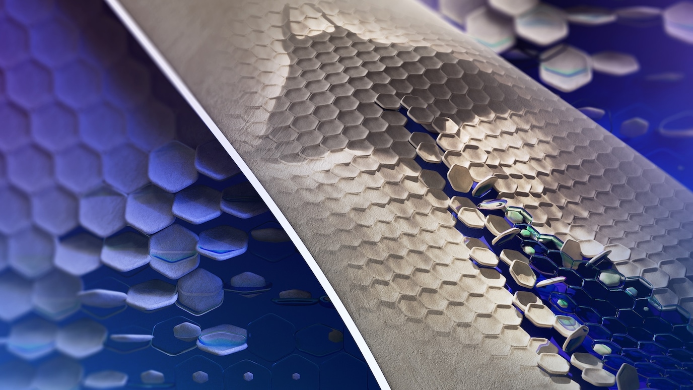 Close-up of textured hexagonal surfaces morphing with digital blue and green elements, symbolizing smart materials innovation.
