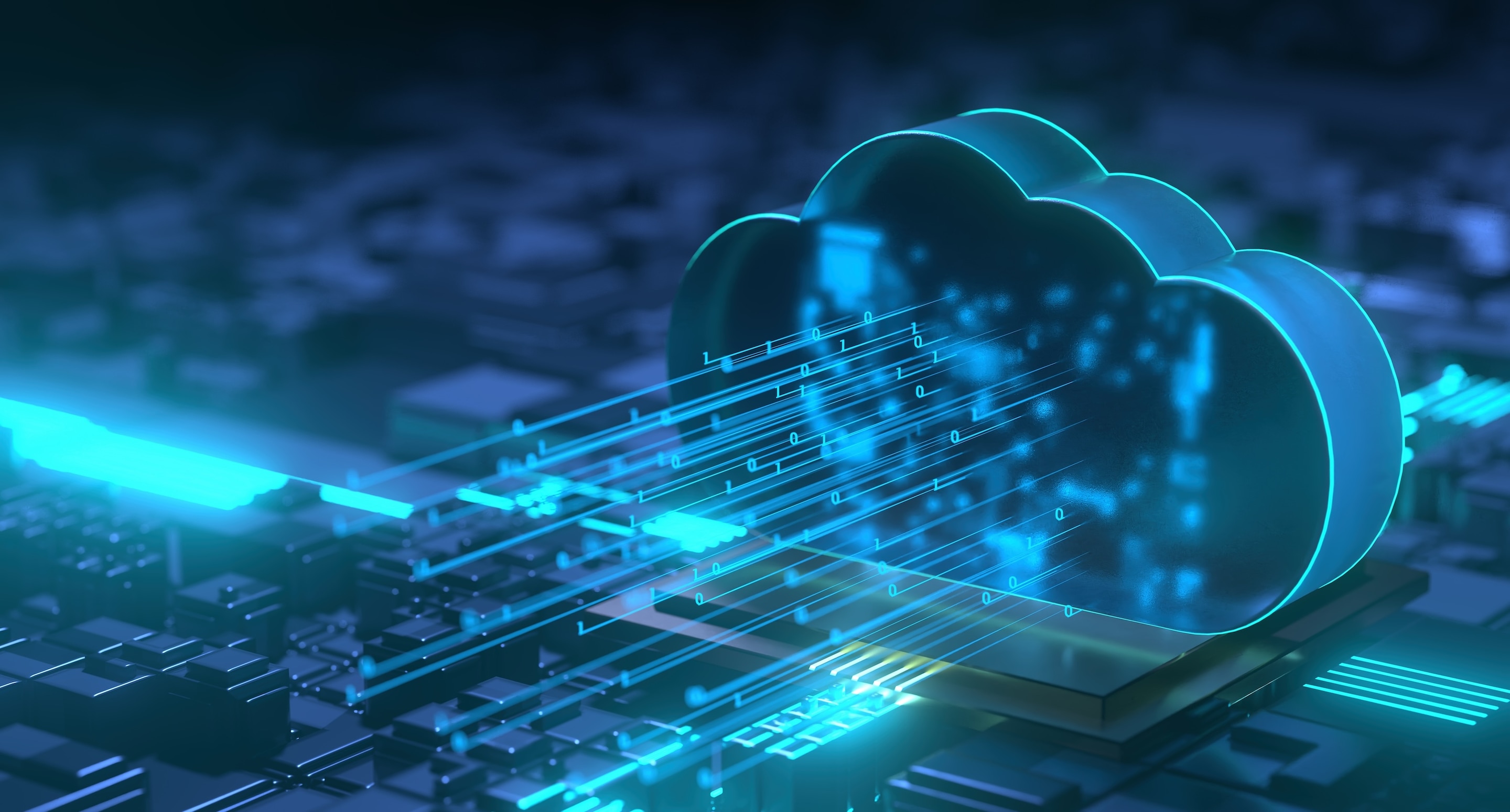 Futuristic glowing blue cloud icon with binary code streams flowing over a dark circuit board background.