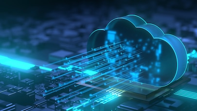 Futuristic glowing blue cloud icon with binary code streams flowing over a dark circuit board background.