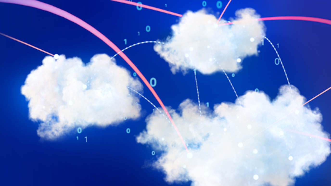 Cloud computing concept illustration with white clouds, data streams, and binary code on a blue digital background.