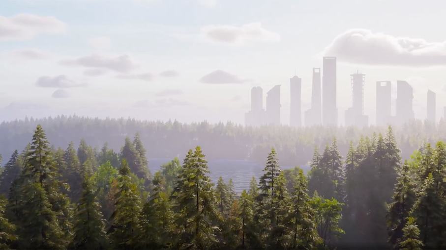 Misty view of city skyline from edge of tree-lined lake