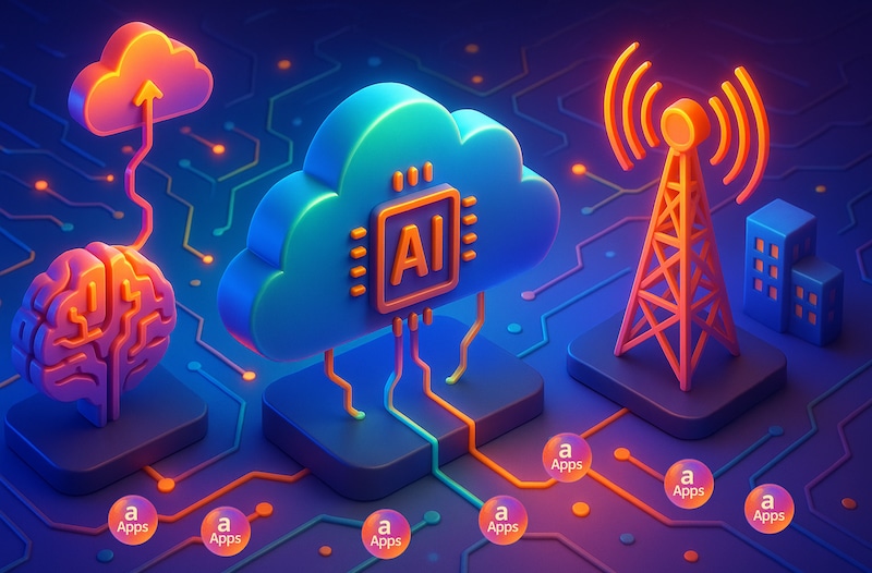 Colorful 3D illustration of AI cloud computing connecting brain, server, and antenna, symbolizing cloud-native AI technologies.
