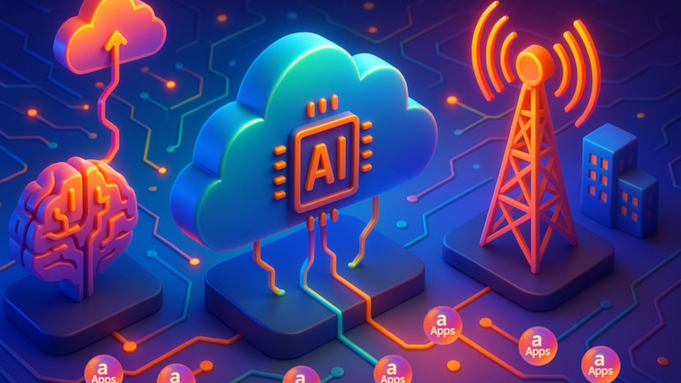 Colorful 3D illustration of AI cloud computing connecting brain, server, and antenna, symbolizing cloud-native AI technologies.
