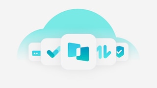 Illustration of row of apps in front of a cloud 