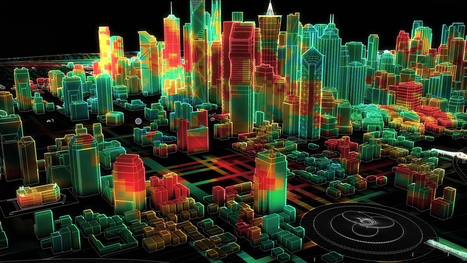 Futuristic 3D digital twin city model with glowing buildings in red, yellow, and green representing smart city data visualization.