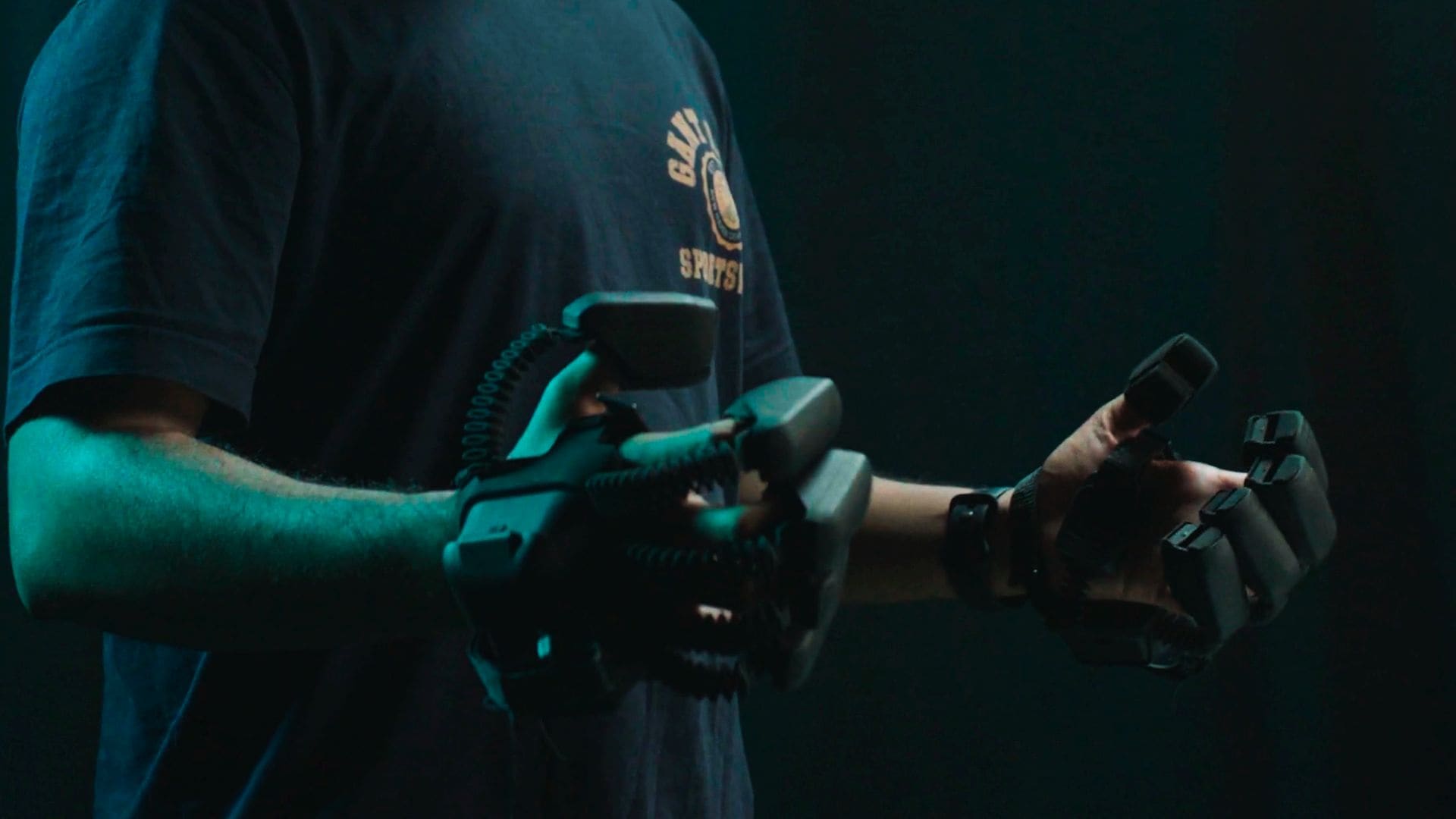 Man wearing haptic gloves