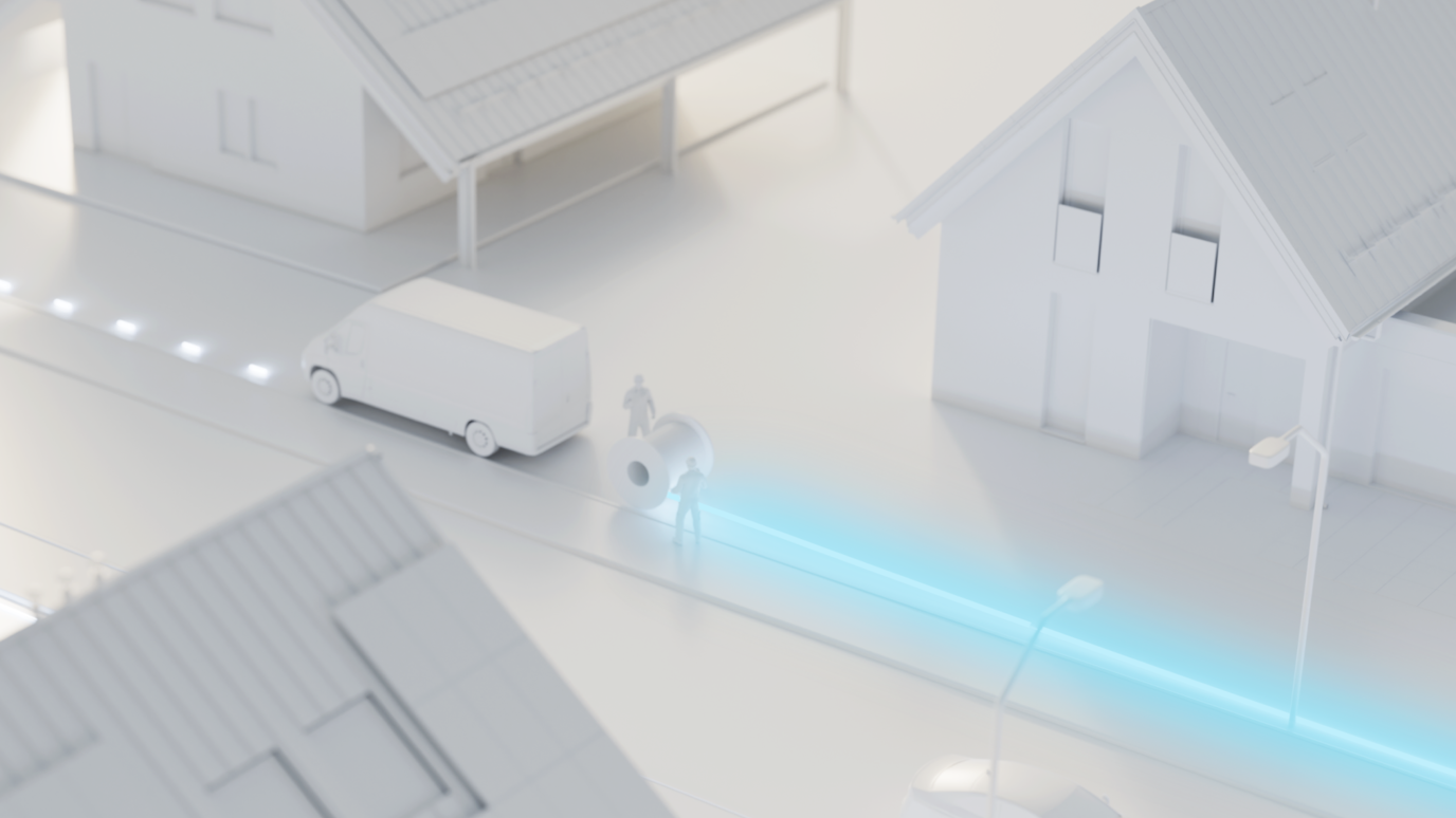 White model of suburban homes with fiber connection along street