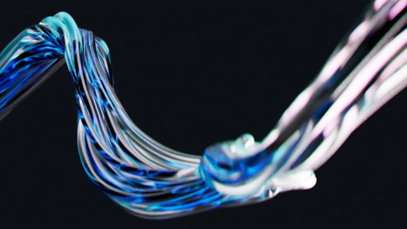 Abstract 3D wave of intertwined blue and white digital strands on dark background, symbolizing data flow and connectivity.