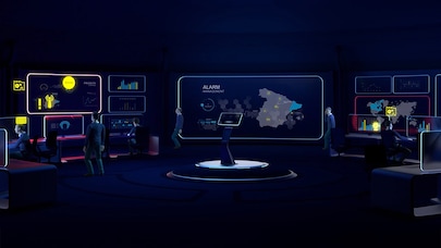 Futuristic control room with digital dashboards, data visualization, and operators managing alarms and global system monitoring.