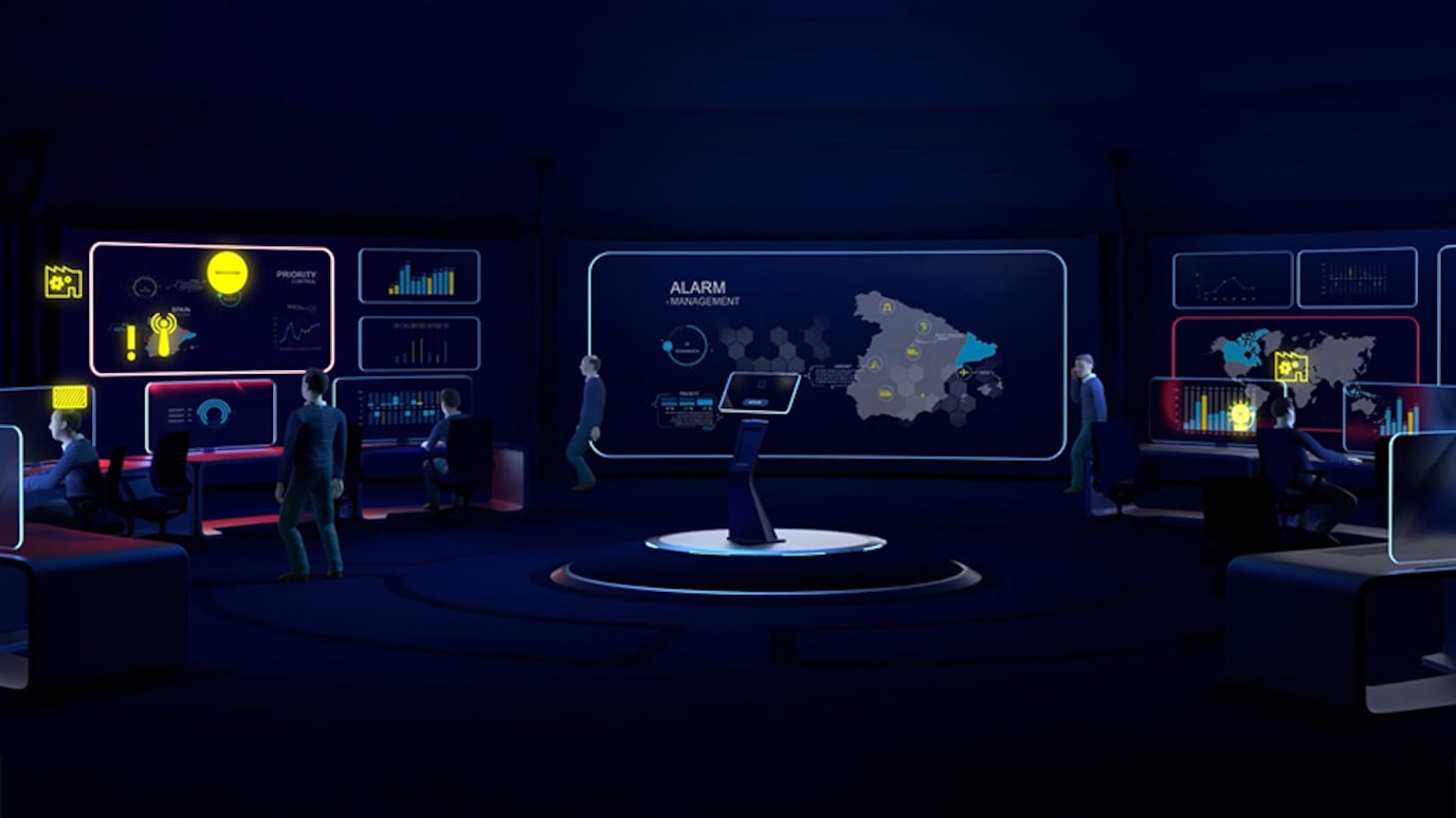 Futuristic control room with digital dashboards, data visualization, and operators managing alarms and global system monitoring.