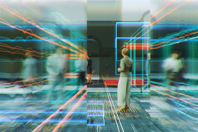 People interact in a digital environment with neon data streams, symbolizing AI integration and multimedia standardization.
