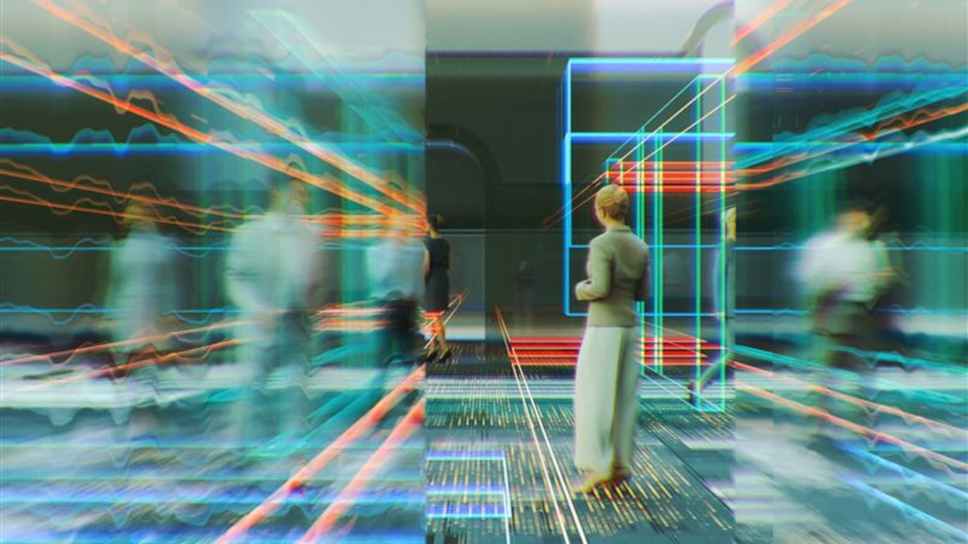 People interact in a digital environment with neon data streams, symbolizing AI integration and multimedia standardization.