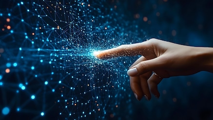 Human hand touching a glowing digital network, symbolizing AI, innovation, and the connection between technology and data.