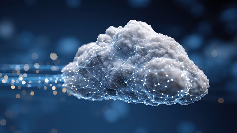Digital cloud computing concept showing a connected cloud with data network nodes, symbolizing storage and AI technology.